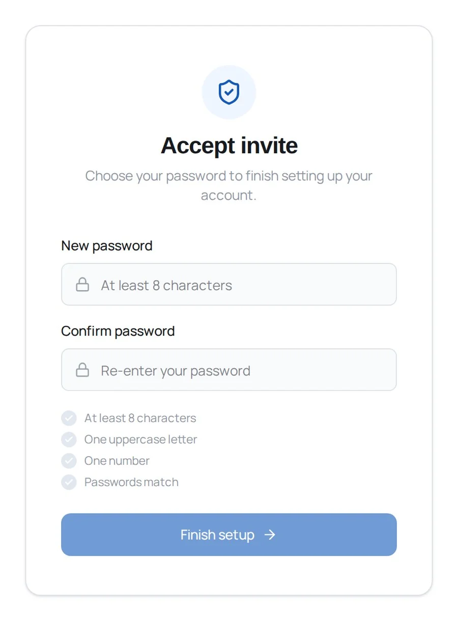 The Accept invite screen, with two password boxes and a checklist of rules.