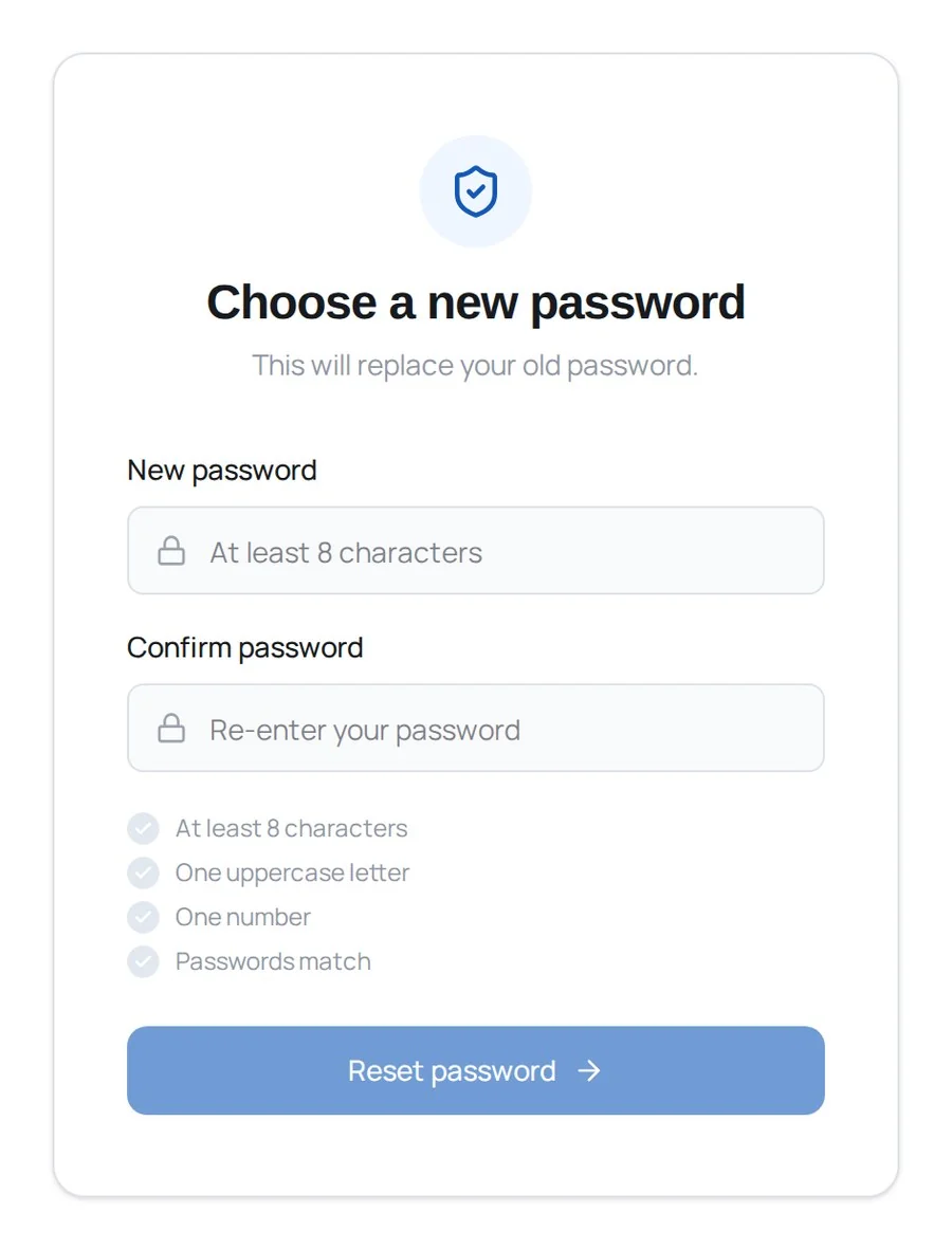 The Choose a new password screen, with two password boxes and a checklist of rules.