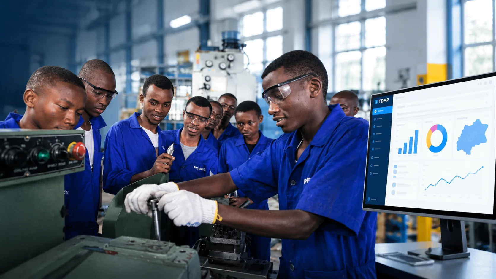 A TVET trainee in blue overalls and safety glasses operating a machine while classmates watch, next to a computer showing a TDMP dashboard